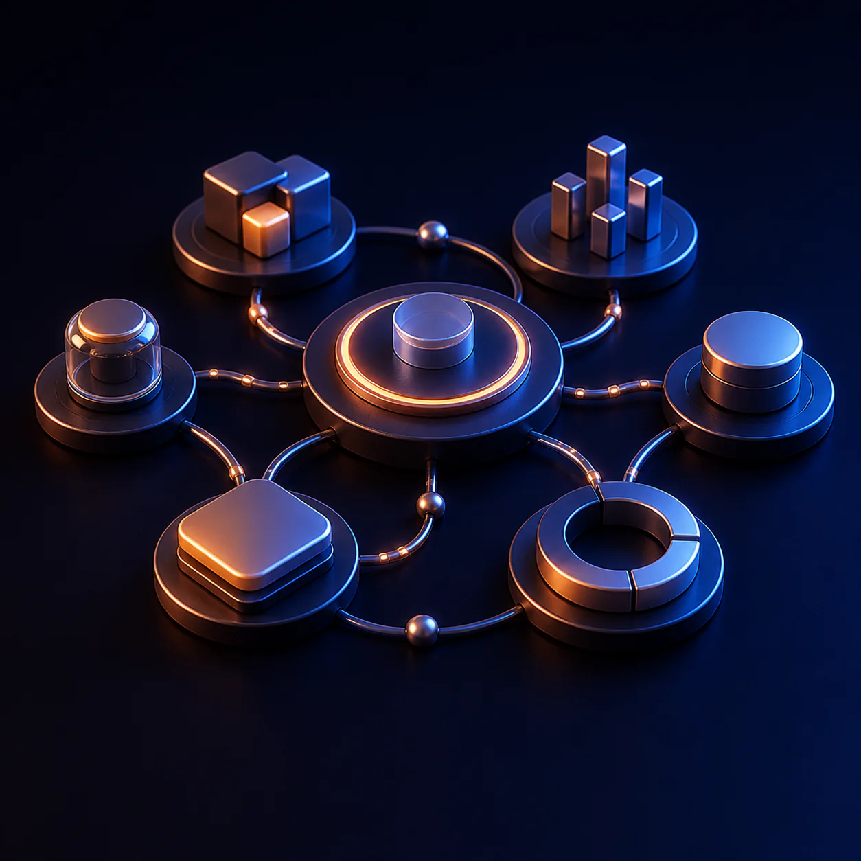 Connected specialist capabilities arranged around one shared operating hub